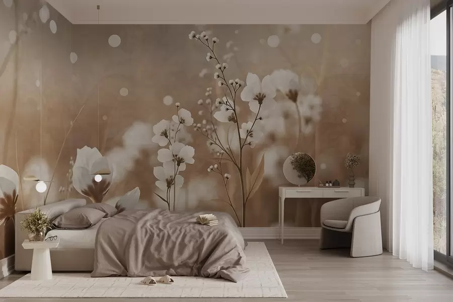 murales Flores blancas con tallos y hojas marrones en un campo, efecto bokeh, paleta de colores cálidos, elegante obra de arte inspirada en la naturaleza w09135