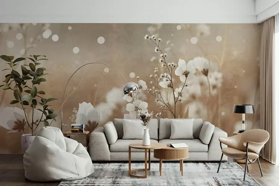 Wall Mural Photo Wallpaper White flowers with brown stems and leaves in a field, bokeh effect, warm color palette, elegant nature-inspired artwork w09135