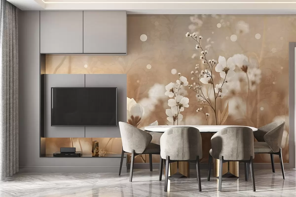 wall murals White flowers with brown stems and leaves in a field, bokeh effect, warm color palette, elegant nature-inspired artwork w09135