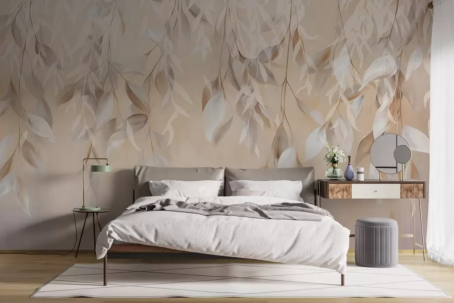 murales Hojas colgantes de textura blanca y beige con una suave paleta de colores, melocotón, gris y blanco delicado de fondo w09136