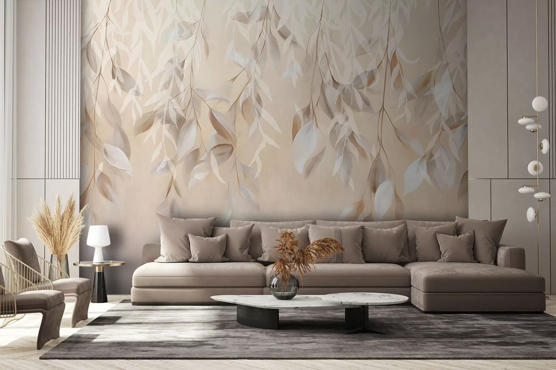 wall murals Hanging textured white and beige leaves with a soft color palette, peach, gray and white delicate background w09136