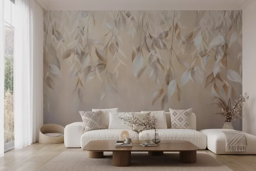 murales Hojas colgantes de textura blanca y beige con una suave paleta de colores, melocotón, gris y blanco delicado de fondo w09136