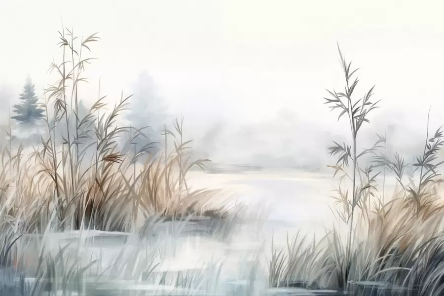 peintures murales Paysage texturé d'un lac avec de hautes herbes au premier plan, bleu et brun doux, eau calme, arbres au loin w09137