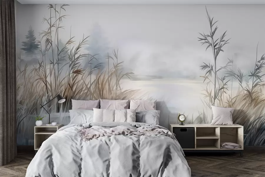 Wall Mural Photo Wallpaper Textured landscape of a lake with tall grasses in the foreground, soft blue and brown, calm water, trees in the distance w09137