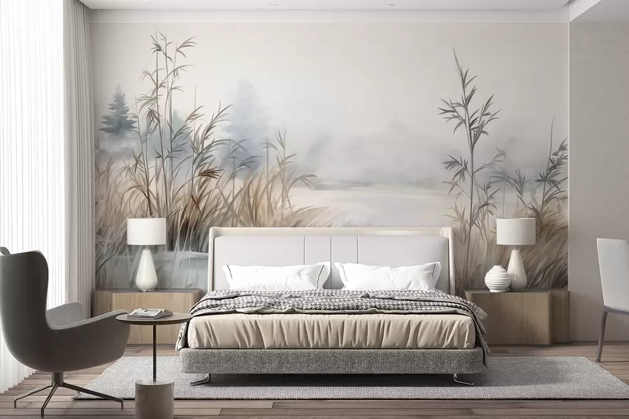 Wall Mural Photo Wallpaper Textured landscape of a lake with tall grasses in the foreground, soft blue and brown, calm water, trees in the distance w09137