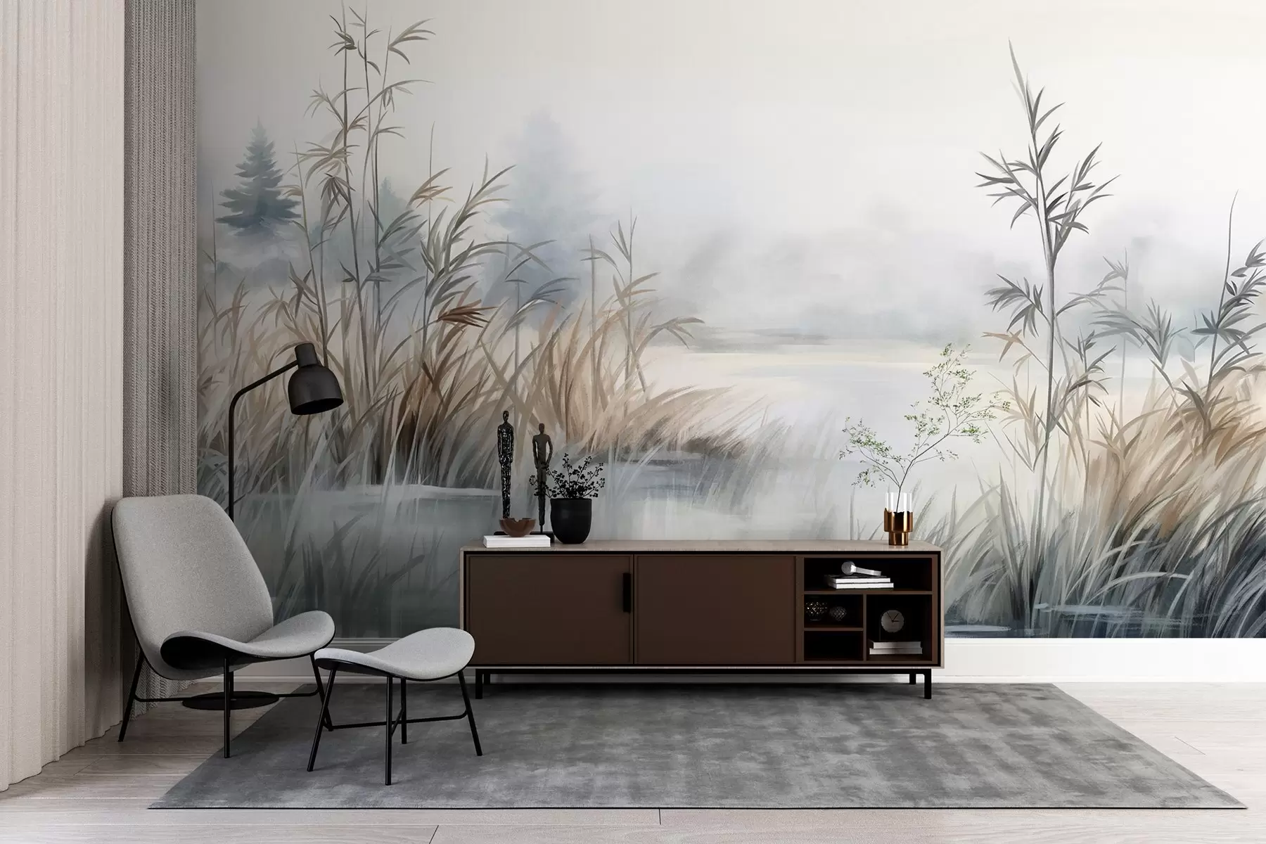 murales Textured landscape of a lake with tall grasses in the foreground, soft blue and brown, calm water, trees in the distance w09137