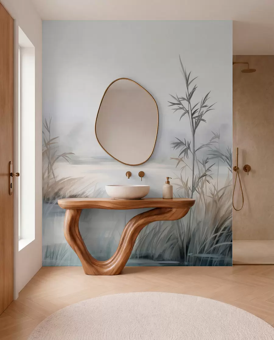 wall murals Textured landscape of a lake with tall grasses in the foreground, soft blue and brown, calm water, trees in the distance w09137