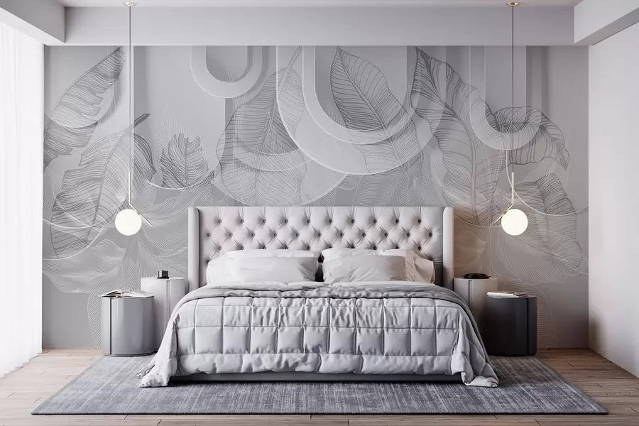 murales Fondo abstracto con arcos grises y hojas tropicales blancas, diseño minimalista, elegante y moderno, paleta de colores neutros w09138