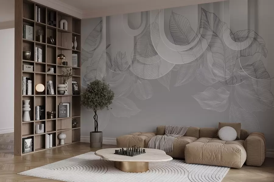 murales Fondo abstracto con arcos grises y hojas tropicales blancas, diseño minimalista, elegante y moderno, paleta de colores neutros w09138