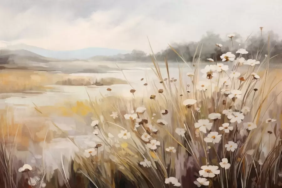 murales Campo de hierba alta y margaritas blancas, árboles al fondo, bajo un cielo nublado, paisaje con textura, pinceladas suaves w09139