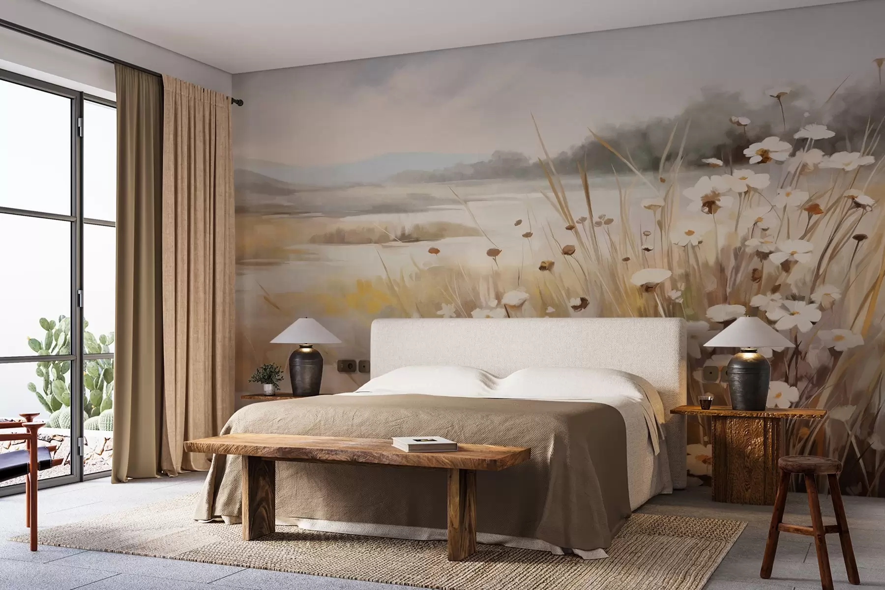 Wall Mural Photo Wallpaper Field of tall grass and white daisies, trees in the background, under a cloudy sky, textured landscape, soft brushstrokes w09139