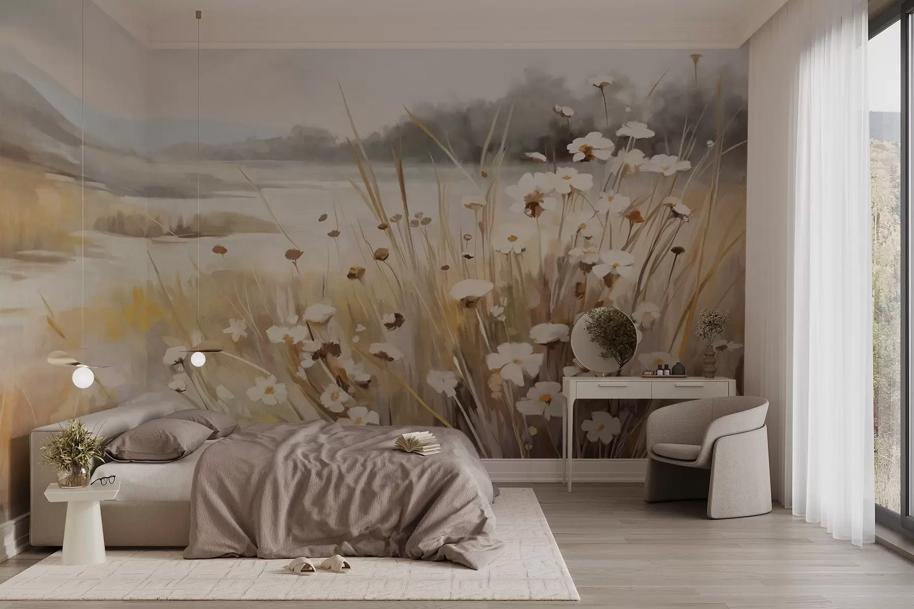 Wall Mural Photo Wallpaper Field of tall grass and white daisies, trees in the background, under a cloudy sky, textured landscape, soft brushstrokes w09139