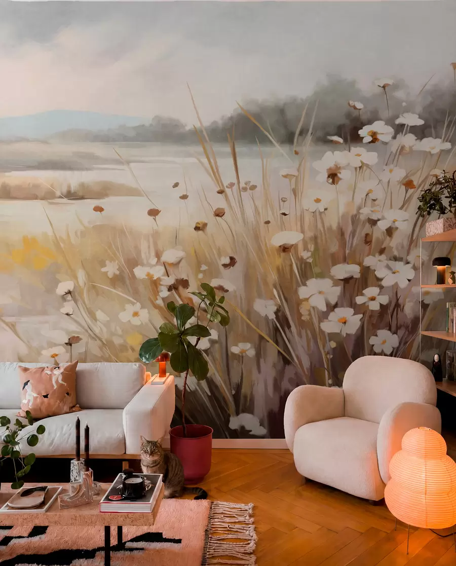 Wall Mural Photo Wallpaper Field of tall grass and white daisies, trees in the background, under a cloudy sky, textured landscape, soft brushstrokes w09139
