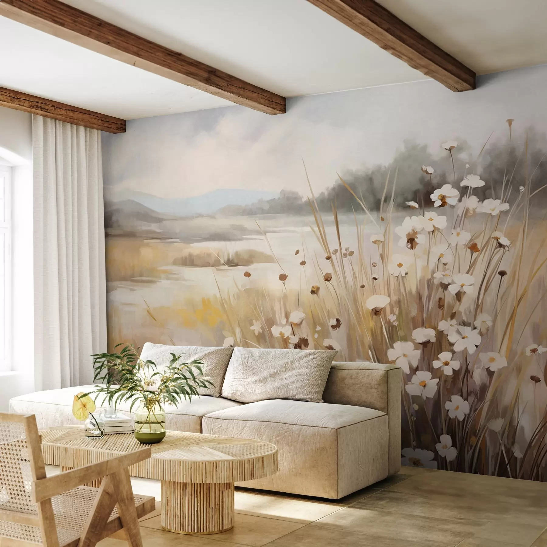 Wall Mural Photo Wallpaper Field of tall grass and white daisies, trees in the background, under a cloudy sky, textured landscape, soft brushstrokes w09139