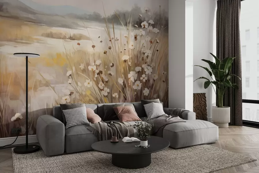 Wall Mural Photo Wallpaper Field of tall grass and white daisies, trees in the background, under a cloudy sky, textured landscape, soft brushstrokes w09139