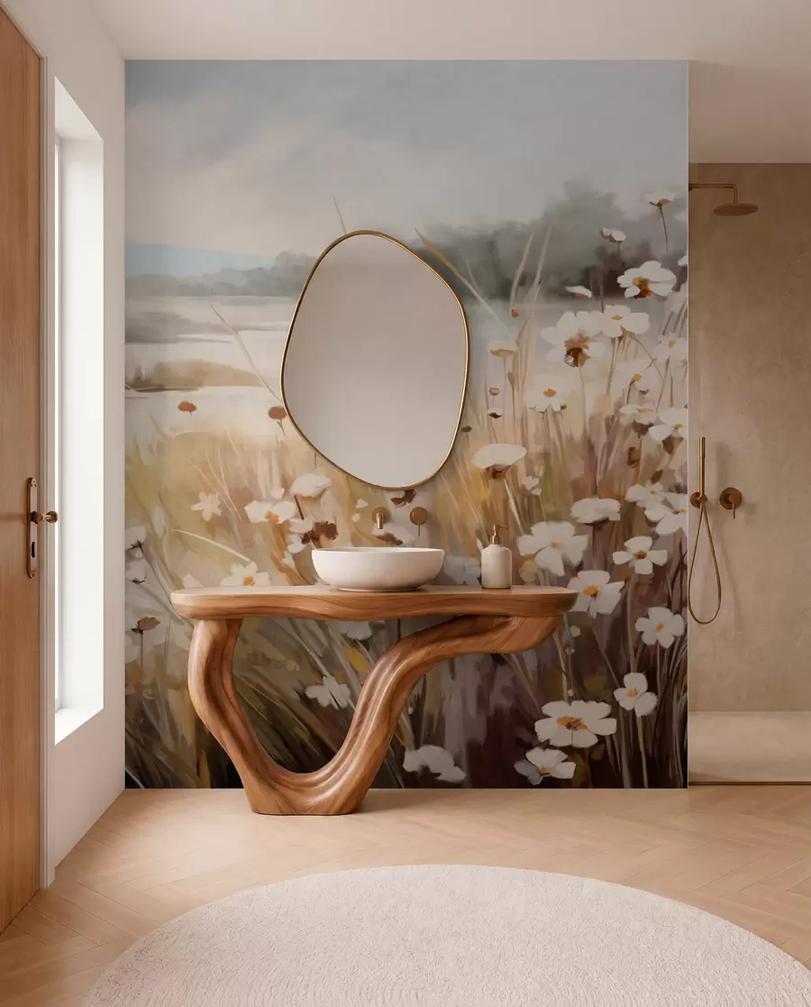 wall murals Field of tall grass and white daisies, trees in the background, under a cloudy sky, textured landscape, soft brushstrokes w09139
