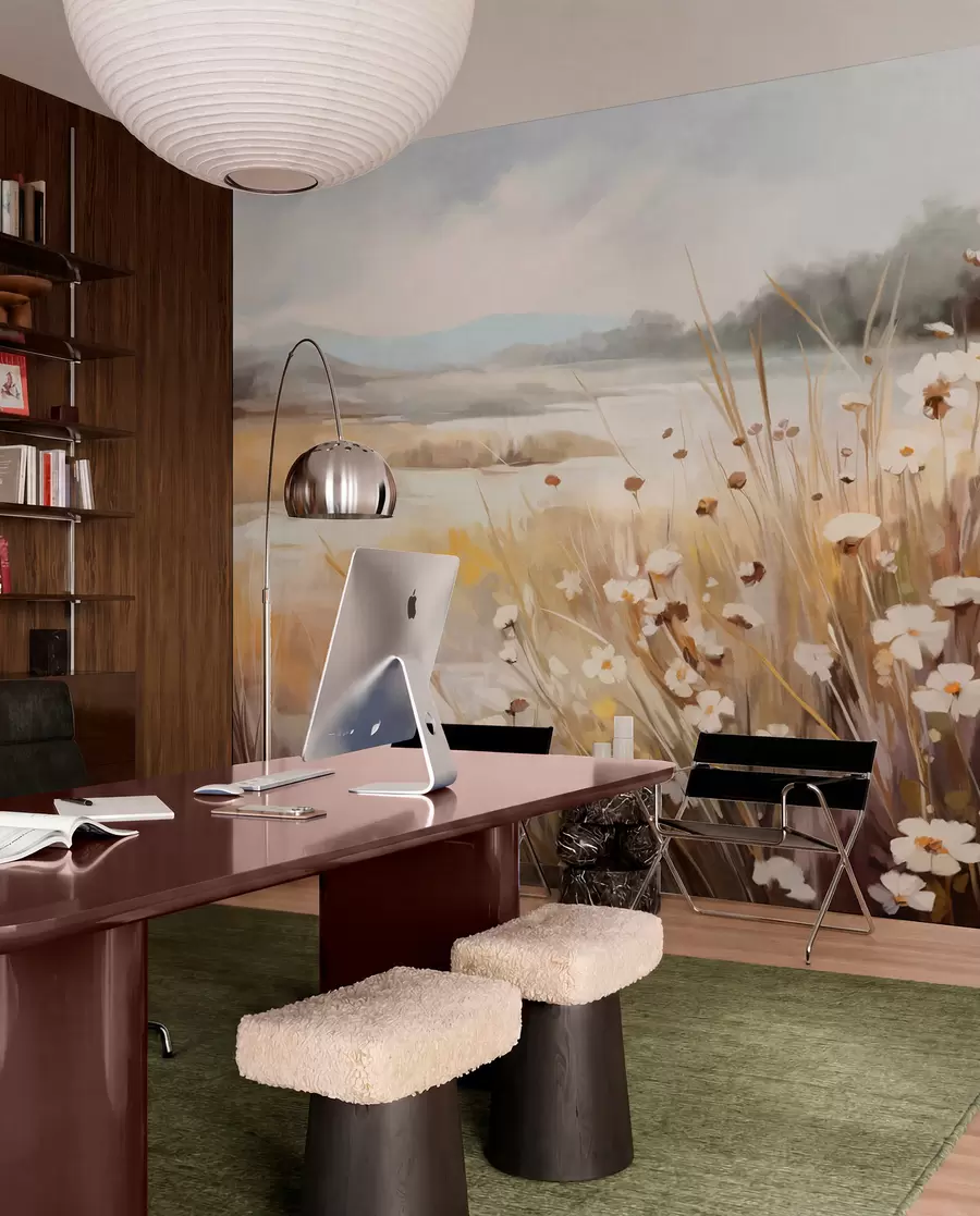 wall murals Field of tall grass and white daisies, trees in the background, under a cloudy sky, textured landscape, soft brushstrokes w09139