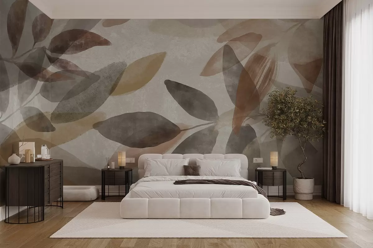 Wall Mural Photo Wallpaper Abstract textured leaves in muted brown, beige and gray tones, transparent shapes, minimalist style, organic shapes w09140