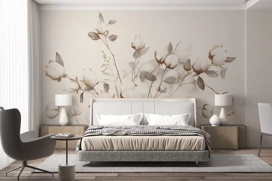Wall Mural Photo Wallpaper Cotton flowers with stems and leaves in a light brown color palette, beige background, soft and delicate, watercolor style w09141