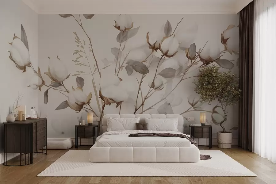 murales Flores de algodón con tallos y hojas en una paleta de color marrón claro, fondo beige, suave y delicado, estilo acuarela w09141