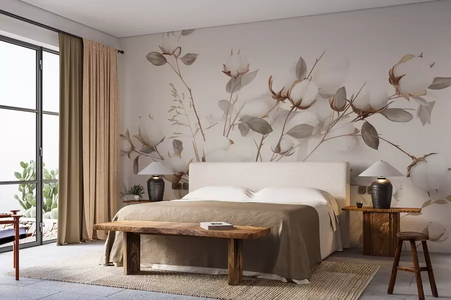 murales Flores de algodón con tallos y hojas en una paleta de color marrón claro, fondo beige, suave y delicado, estilo acuarela w09141