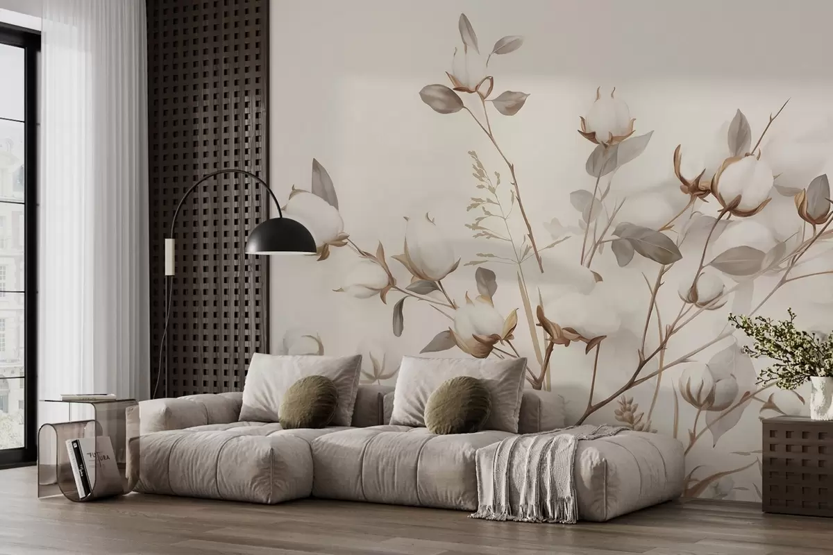 peintures murales Fleurs de coton avec tiges et feuilles dans une palette de couleurs marron clair, fond beige, doux et délicat, style aquarelle w09141
