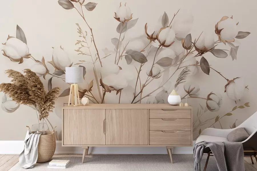 Wall Mural Photo Wallpaper Cotton flowers with stems and leaves in a light brown color palette, beige background, soft and delicate, watercolor style w09141
