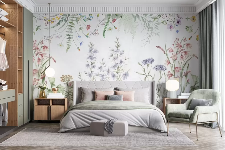 murales Arreglo floral de textura con flores de colores y hojas verdes, ilustración botánica , colores pastel suaves, estilo vintage w09143