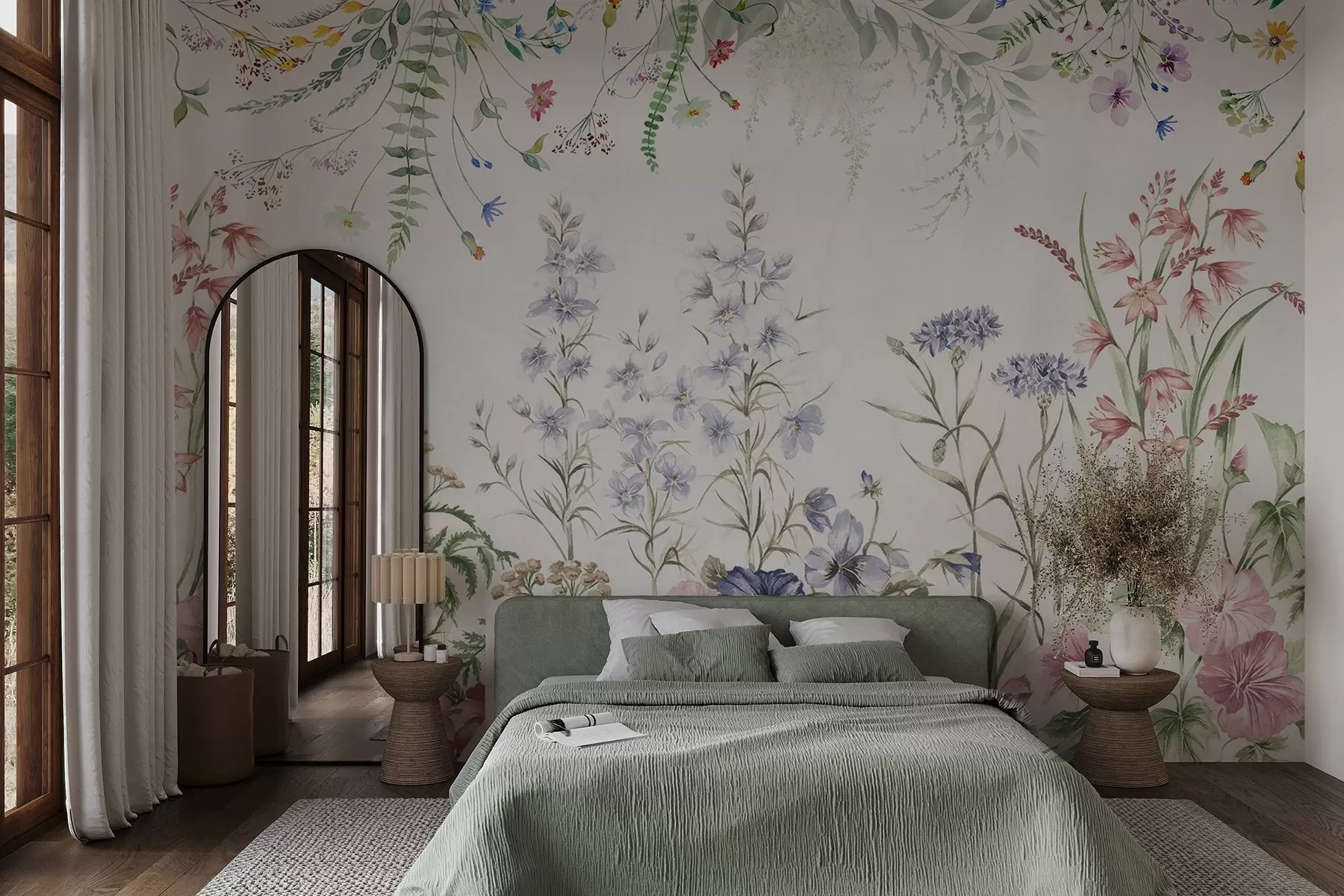 peintures murales Arrangement floral texturé avec des fleurs colorées et des feuilles vertes, illustration botanique, couleurs pastel douces, style vintage w09143