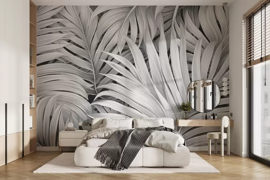 murales Hojas de palmera tropical con textura monocromática, creando un estampado tropical y botánico w09145
