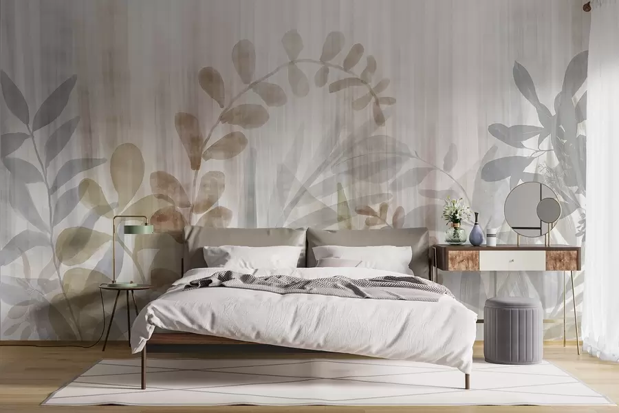 wall murals Watercolor painting imitation of plants with multicolor muted leaves, light background with vertical lines, botanical illustration w09146