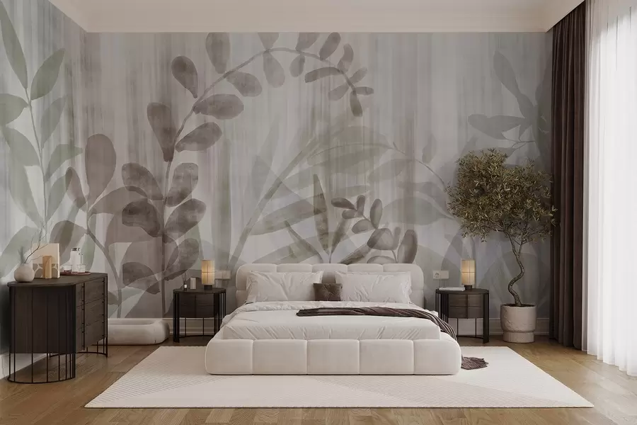 wall murals Watercolor painting imitation of plants with multicolor muted leaves, light background with vertical lines, botanical illustration w09146v1