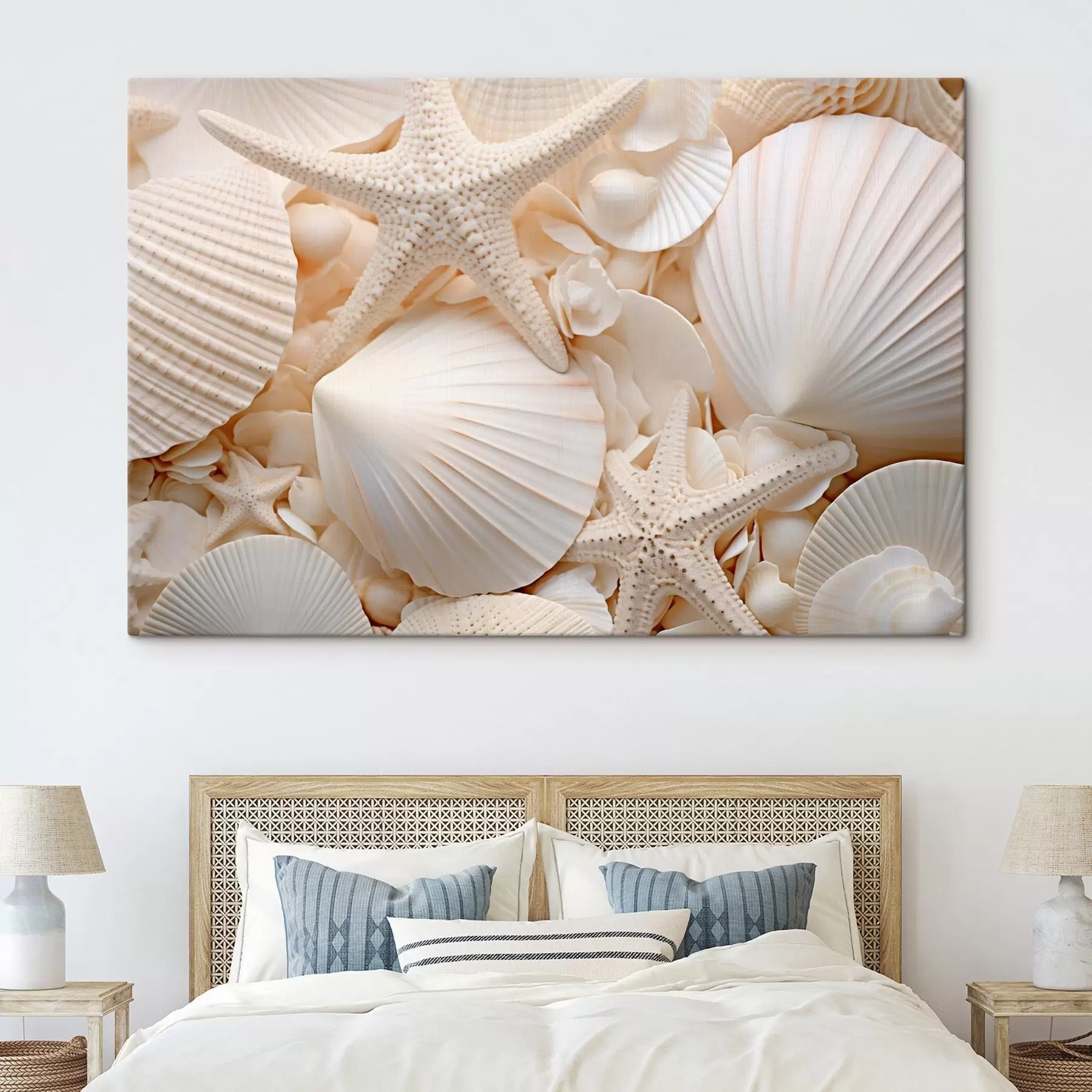 murales Conchas y estrellas de mar blancas decorativas, que crean una composición monocromática con textura s44392
