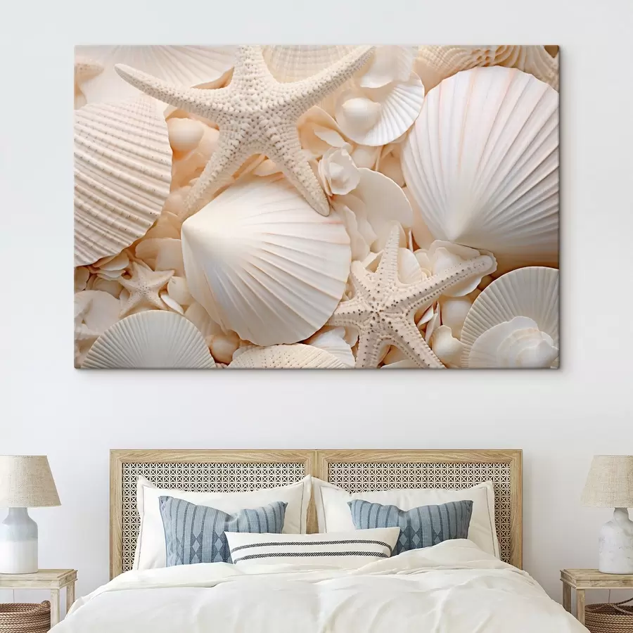 wall murals Decorative white seashells and starfish, creating a textured monochromatic composition s44392