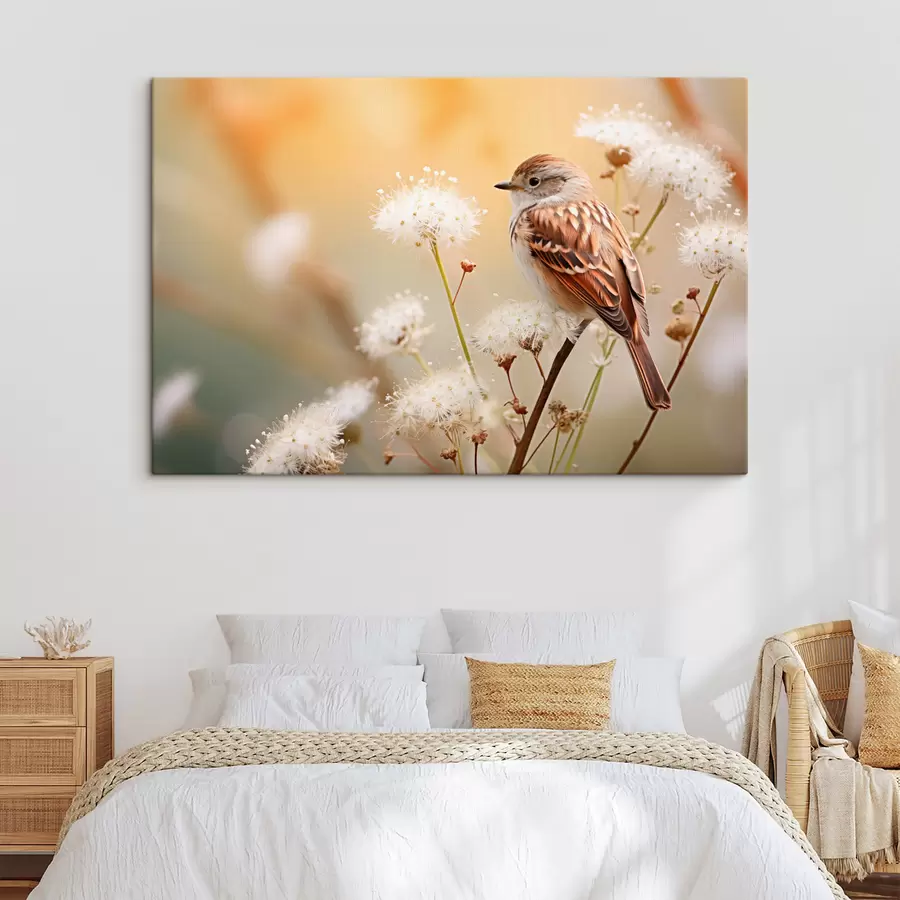 murales Un pájaro posado en una rama con flores blancas, enfoque suave, fondo de naturaleza s44393