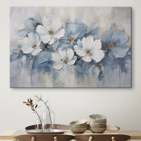 White flowers with blue leaves, on a light beige background, with visible brush strokes