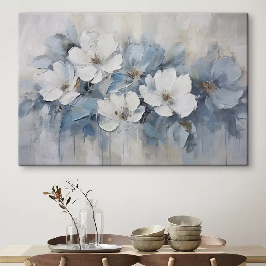 wall murals White flowers with blue leaves, on a light beige background, with visible brush strokes s44395