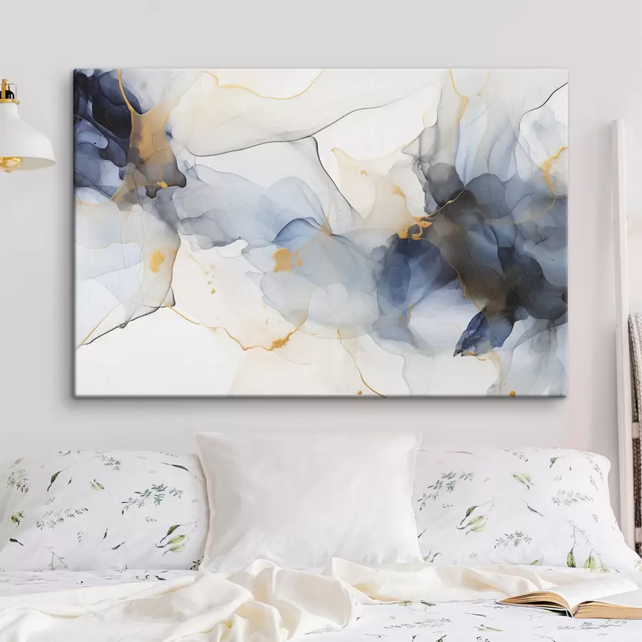 wall murals Abstract painting with blue ink, fluid and organic shapes, delicate textures on a white background s44397