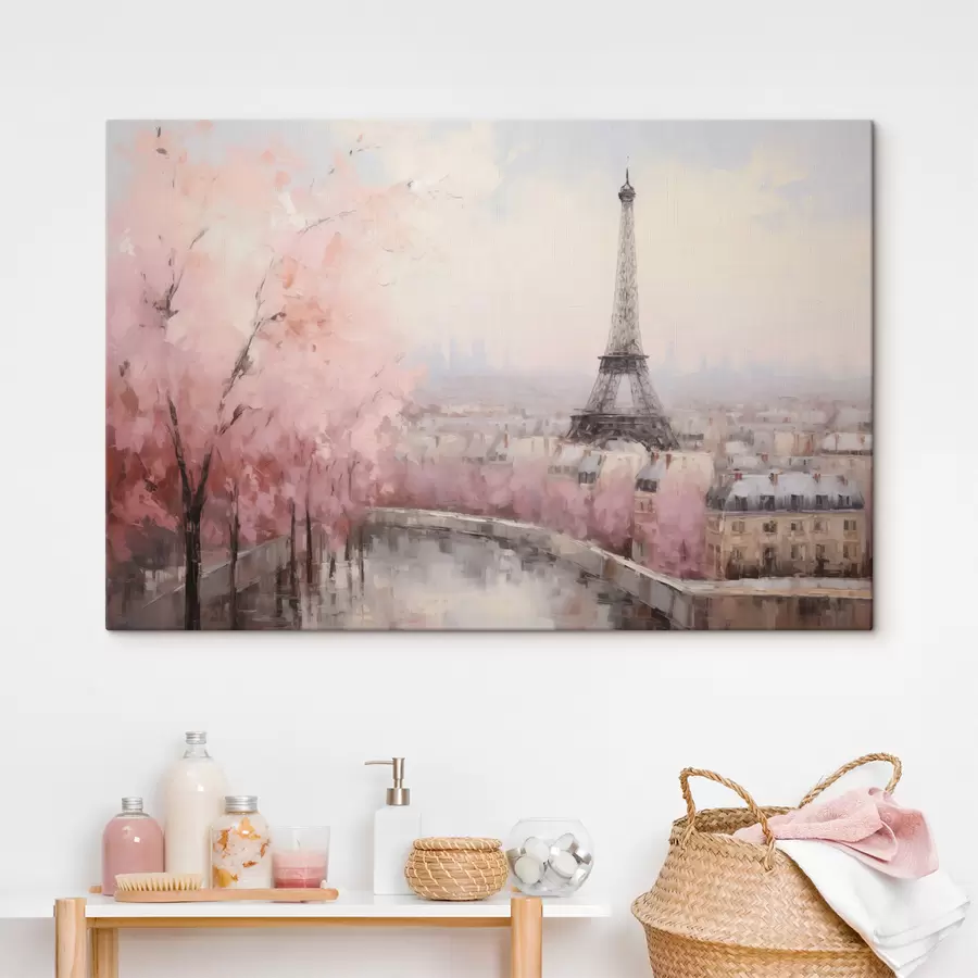 murales Torre Eiffel en París con cerezos en flor en primavera, suaves colores pastel s44398