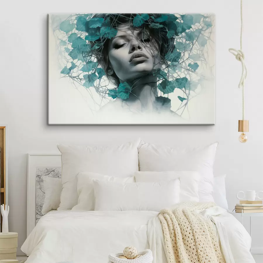 murales Retrato de una mujer con los ojos cerrados, rodeada de hojas y ramas verdes s44399