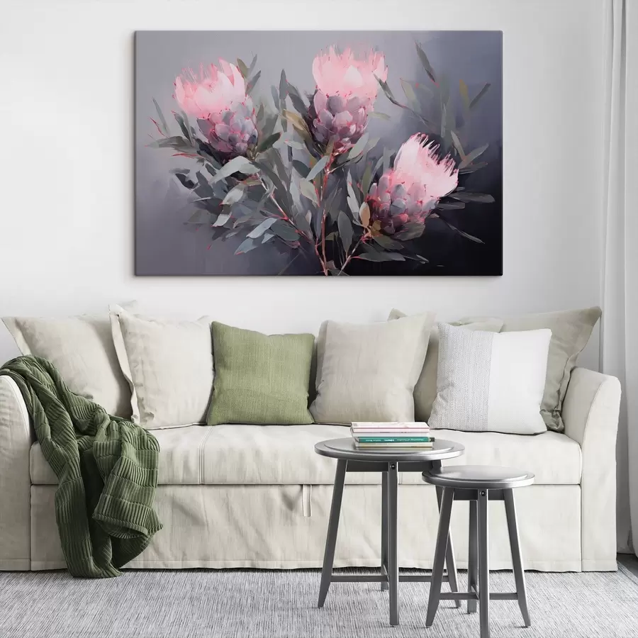 wall murals Pink protea flowers with green leaves, soft brushstrokes, dark colors, elegant composition s44400