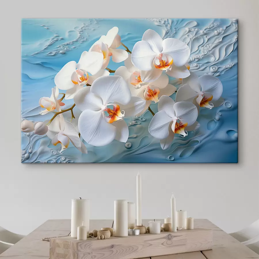 wall murals White orchids, arranged on a light blue surface with water droplets, soft lighting s44401