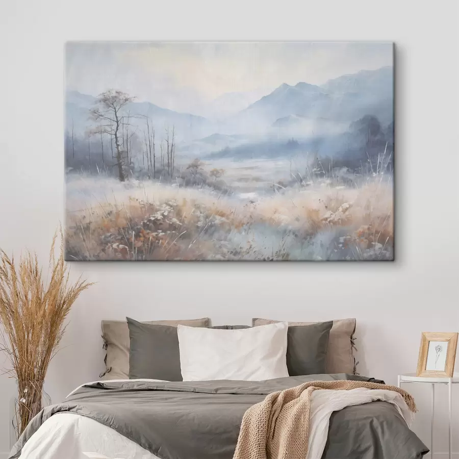 murales Paisaje texturizado con montañas, hierba seca y un bosque, colores apagados s44402