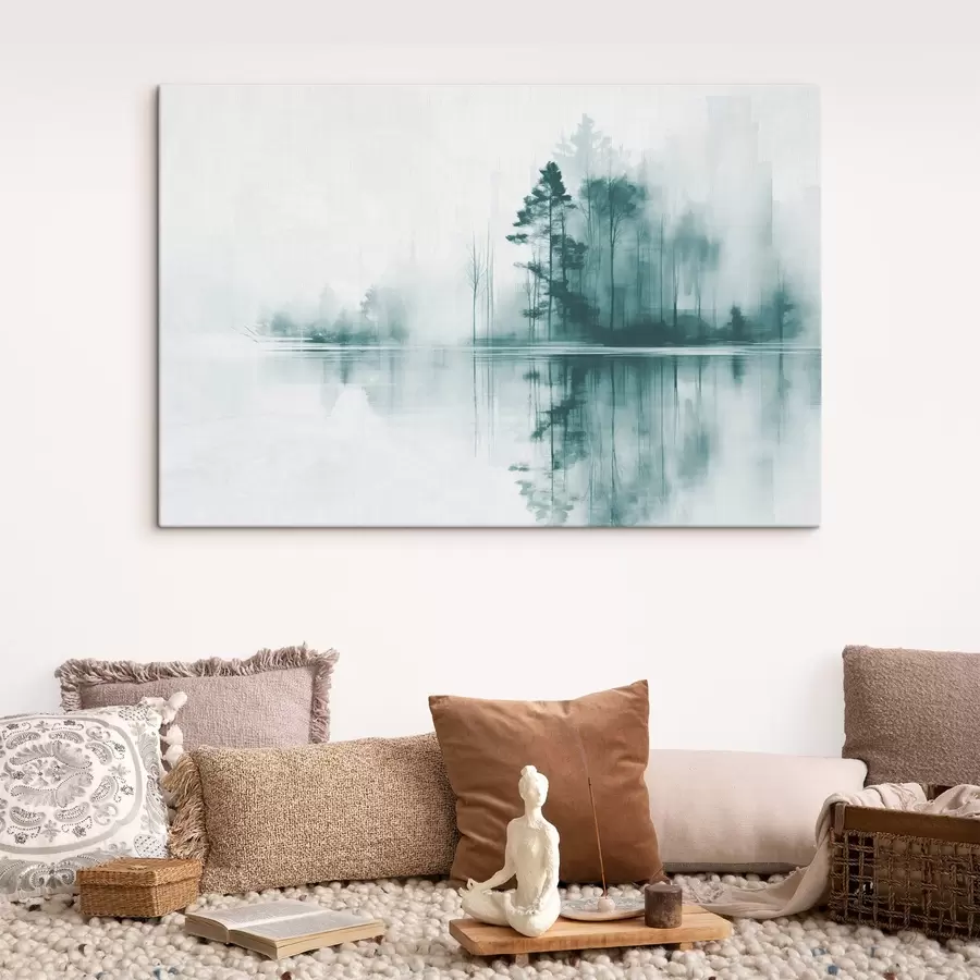 wall murals Abstract forest with tall trees reflected in the water, muted color palette s44403