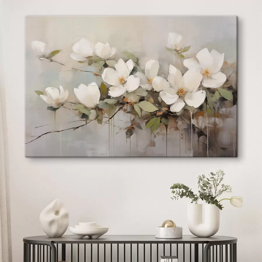 wall murals White magnolia flowers with green leaves on a branch, soft brushstrokes, muted colors s44404