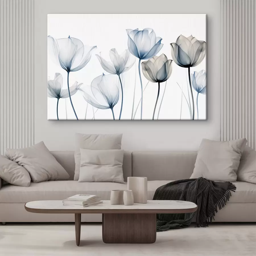 murales Tulipanes azules y blancos translúcidos con tallos largos, sobre fondo blanco liso s44409