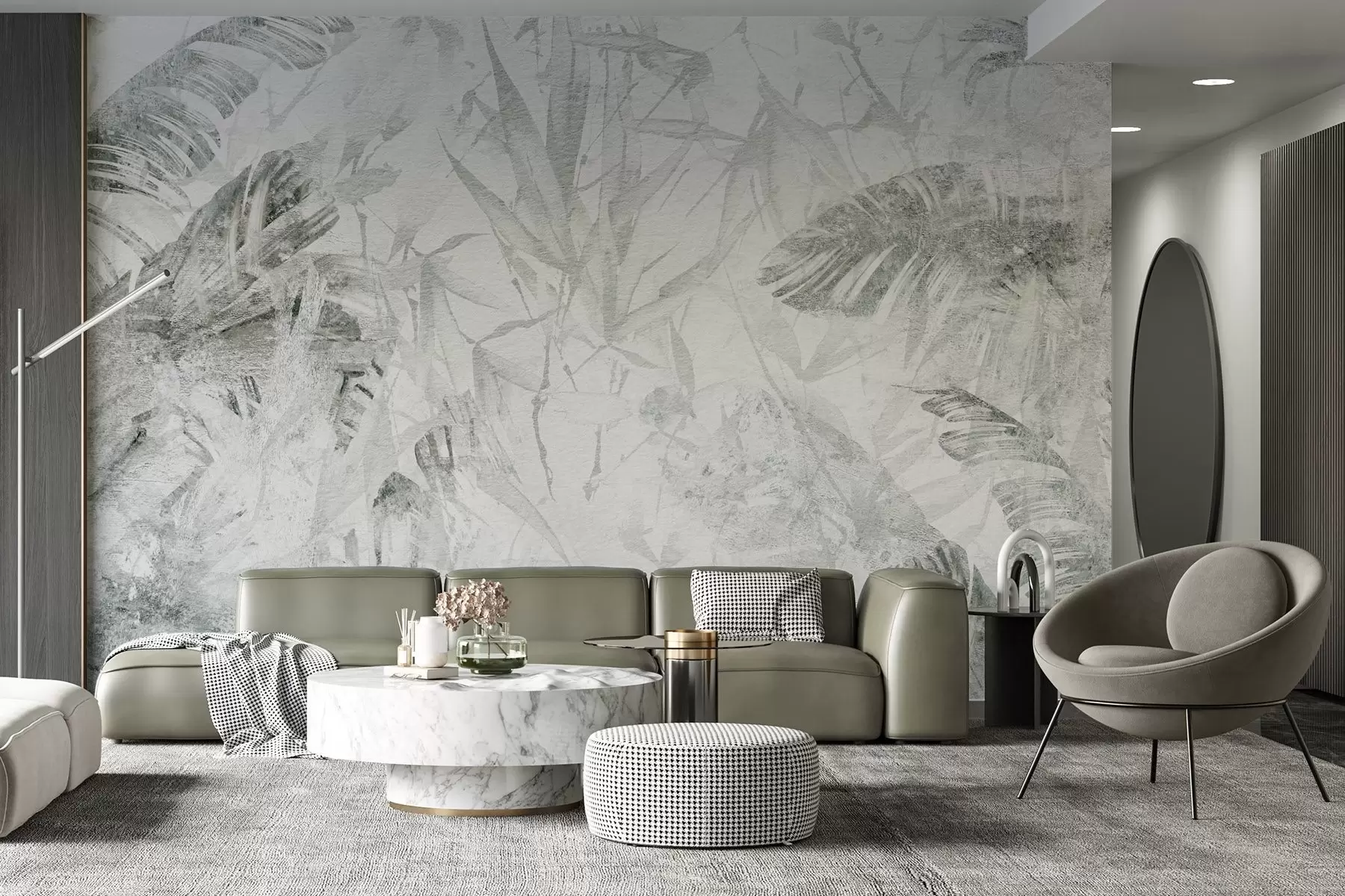 wall murals Floral abstraction in grunge style with imitation of abrasion, shades of green w03926v2
