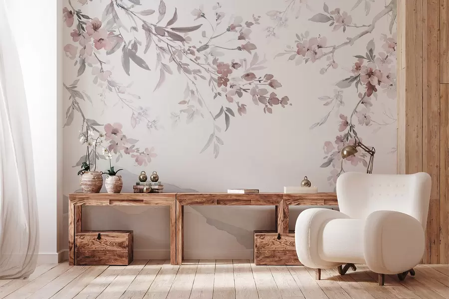 wall murals Flowering branches, imitation of watercolor w03935