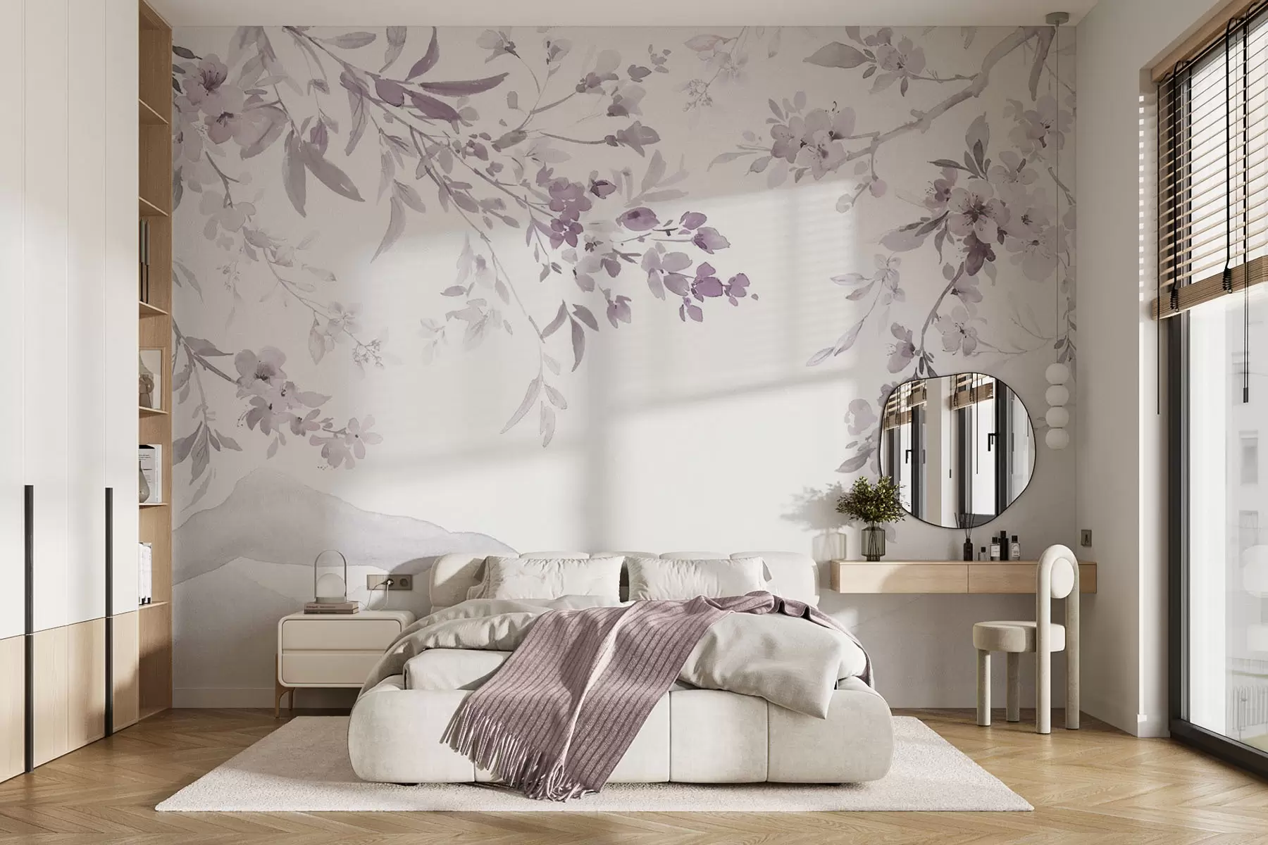 Wall Mural Photo Wallpaper Flowering branches, imitation of watercolor, purple-pink shades w03935v1