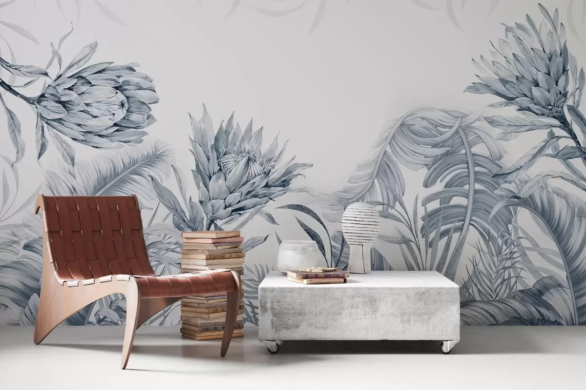 peintures murales Protea parmi des feuilles tropicales, nuances de vert w03952v2